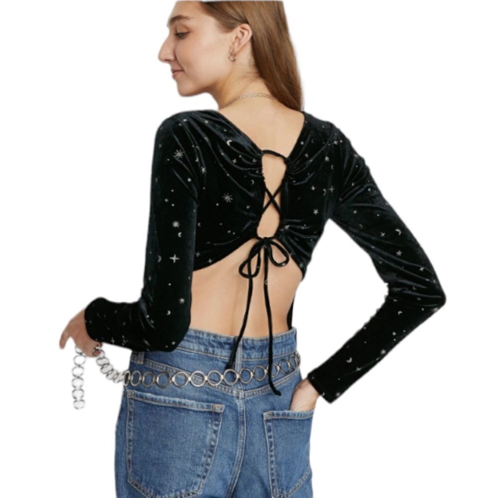 WILD FABLE black velvet witchy‎ galaxy star long sleeve lace back bodysuit L